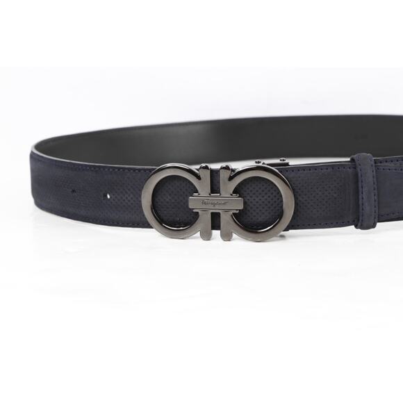 Salvatore Ferragamo Belt 120 Navy Blue Perforated Leather Gunmetal Gancini Luxe main image 10